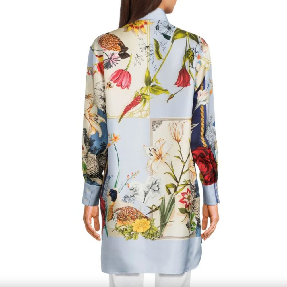 NWT FERRAGAMO Floral Duck Garden 100% Silk Longline Shirt. Size S - Picture 2 of 2